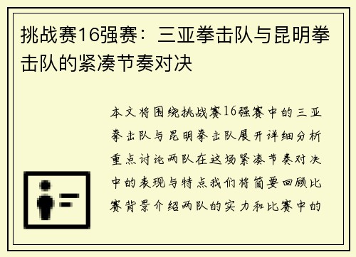 挑战赛16强赛：三亚拳击队与昆明拳击队的紧凑节奏对决